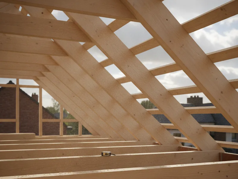 Charpente en bois neuve d’une toiture en construction